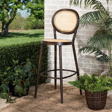 Baxton Studio Thalia MidCentury Modern Dark Brown Finished Metal and Synthetic Rattan Outdoor Bar Stool 211-11971-ZORO